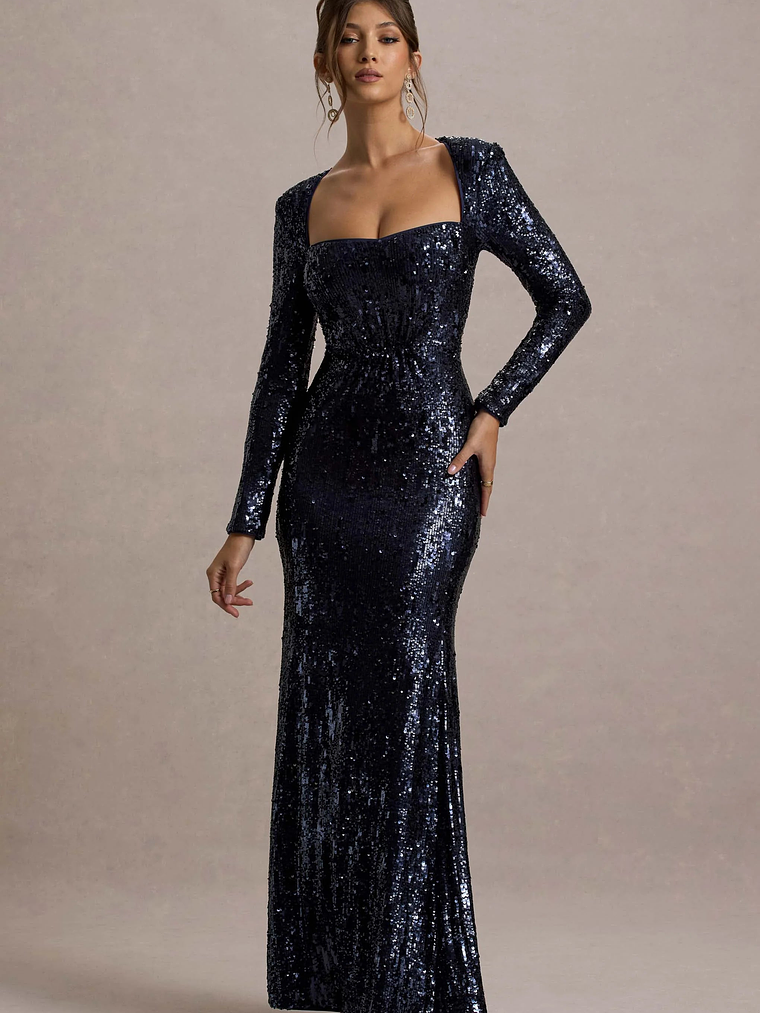Ensley | Navy Sequin Sweetheart Long-Sleeve Maxi Dress 4