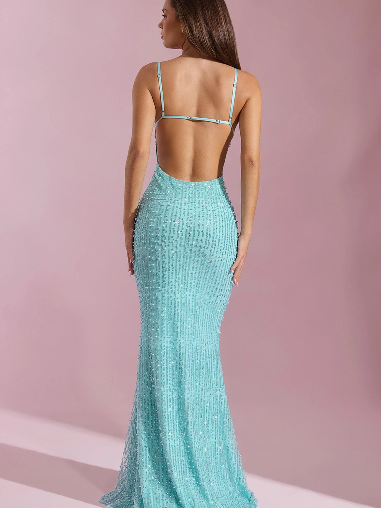 Embellished Cowl-Neck Backless Maxi Dress in Aqua Blue 2