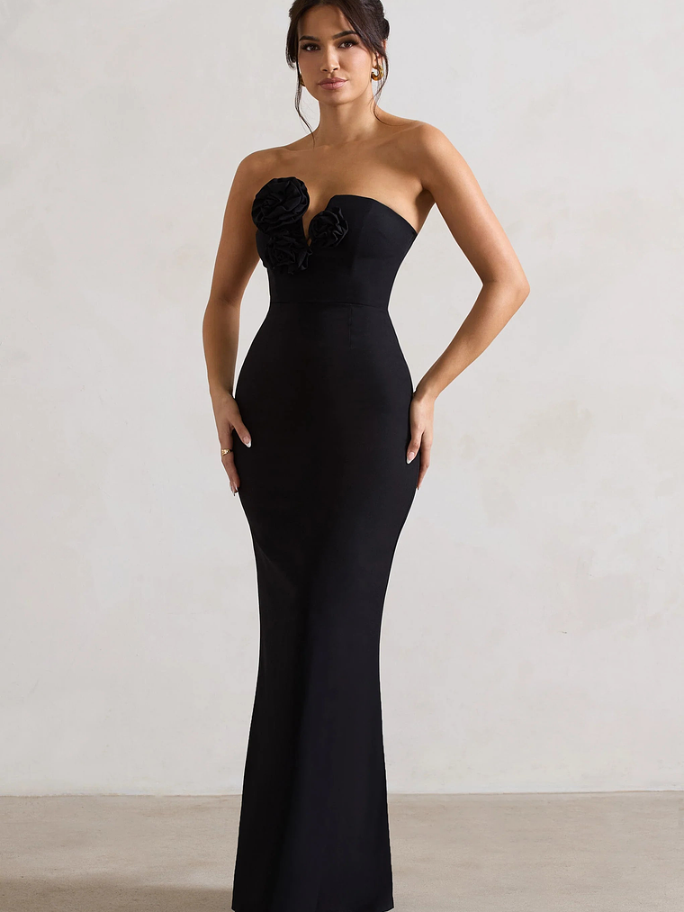 Enticed | Black Strapless V-Neck Maxi Dress With Flowers 1