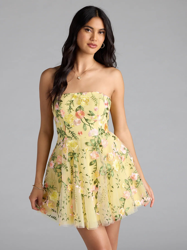 Emilliana Lace-Up Floral Embroidered Skater Dress 1