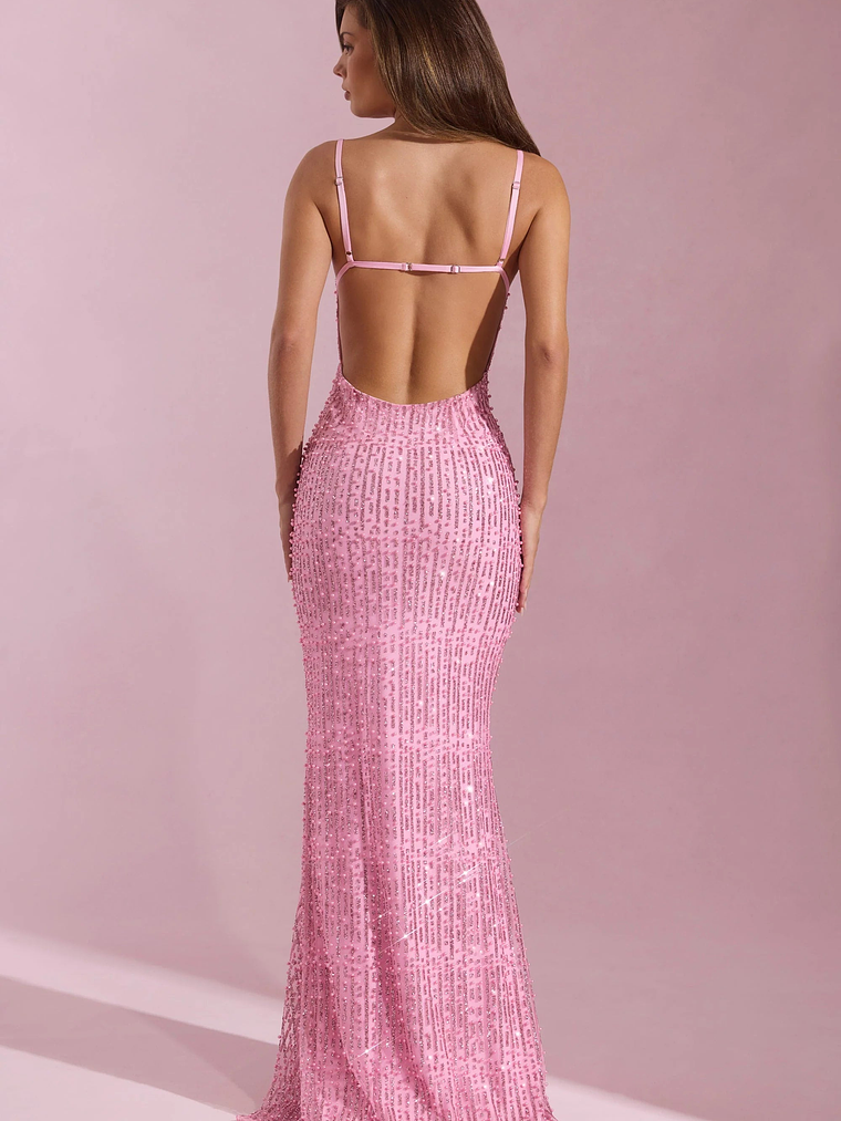 Embellished Cowl-Neck Backless Maxi Dress in Pink 2