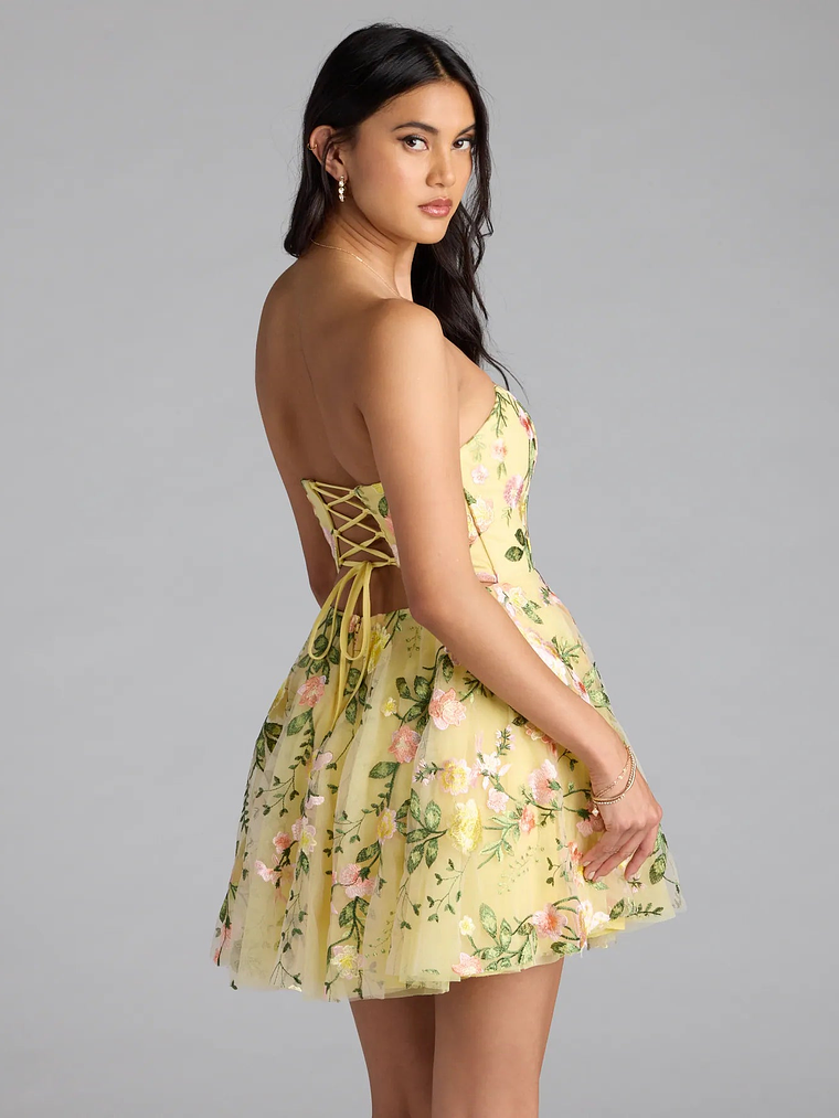 Emilliana Lace-Up Floral Embroidered Skater Dress 2