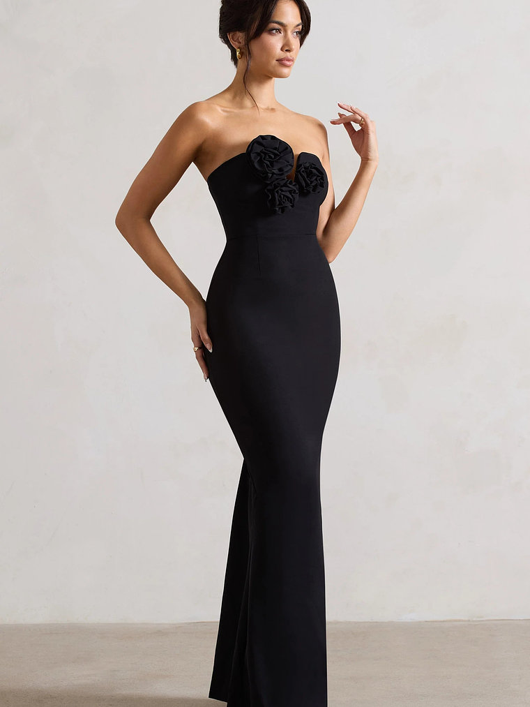 Enticed | Black Strapless V-Neck Maxi Dress With Flowers 4