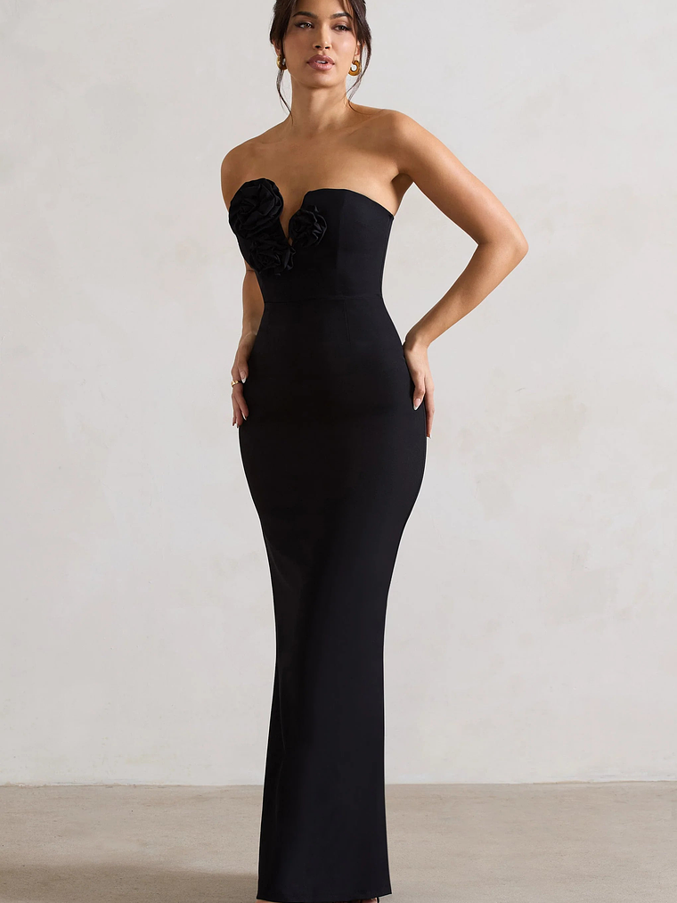 Enticed | Black Strapless V-Neck Maxi Dress With Flowers 5