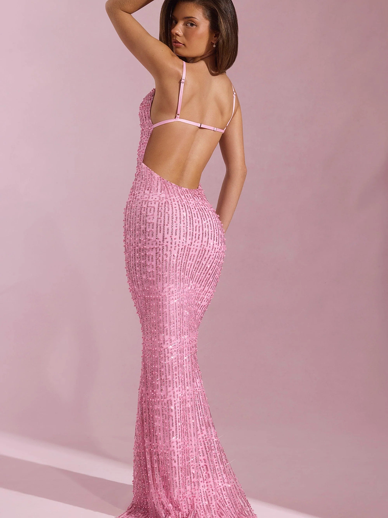 Embellished Cowl-Neck Backless Maxi Dress in Pink 7