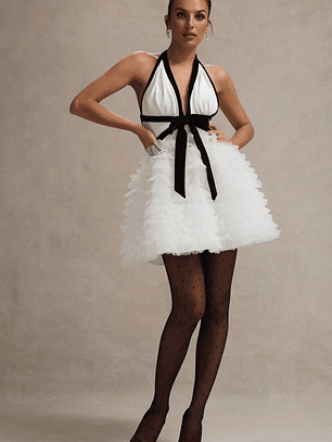 Eclair | Black & White Plunge-Neck Mini Dress With Tulle Skirt