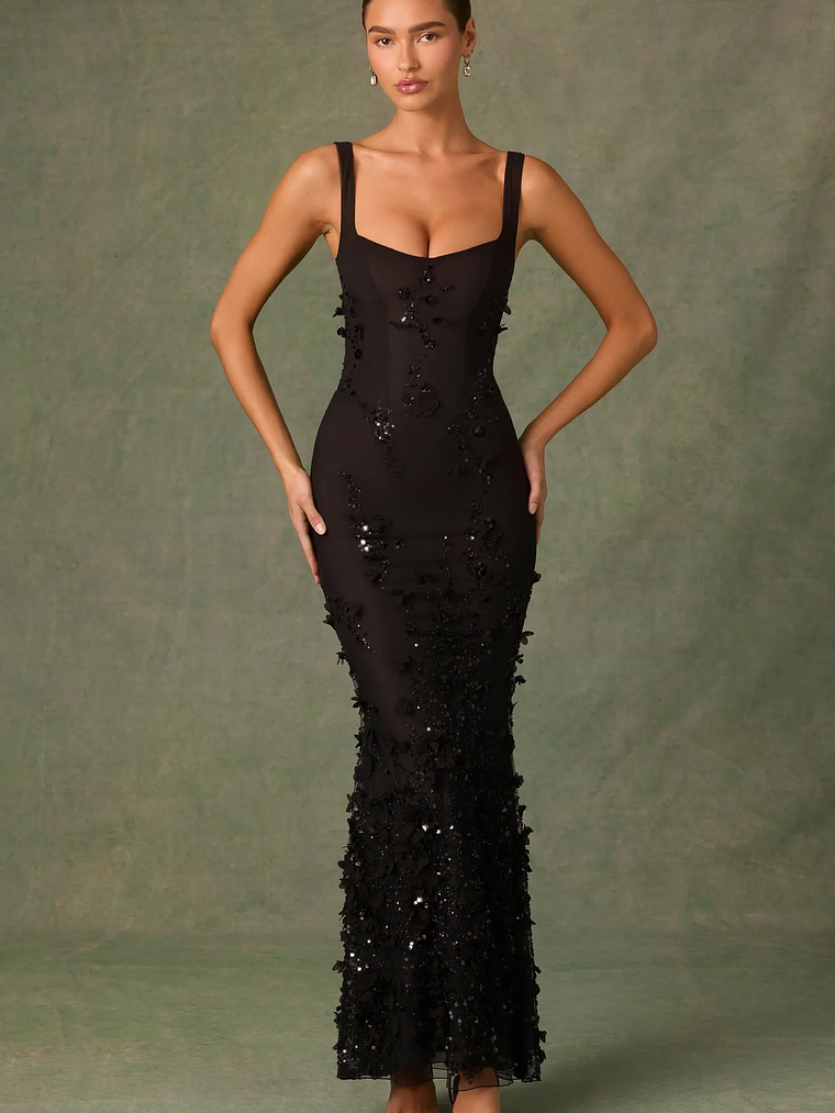 Embellished Fishtail Corset Gown in Black 1