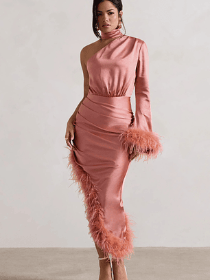 Dolce | Coral Satin Asymmetric One Sleeve Maxi Dress With Feather Trims
