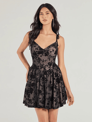 Decadent Beauty Flocked Floral Velvet Skater Dress