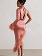 Dolce | Coral Satin Asymmetric One Sleeve Maxi Dress With Feather Trims - thumbnail 2
