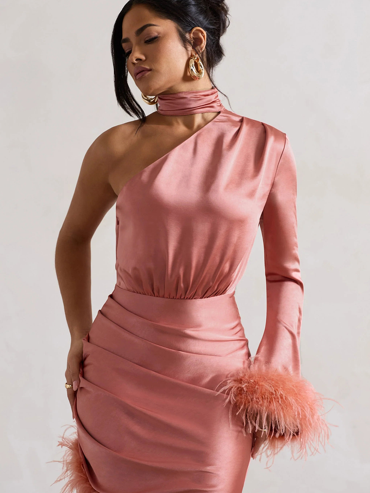 Dolce | Coral Satin Asymmetric One Sleeve Maxi Dress With Feather Trims 3