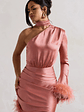 Dolce | Coral Satin Asymmetric One Sleeve Maxi Dress With Feather Trims - thumbnail 3