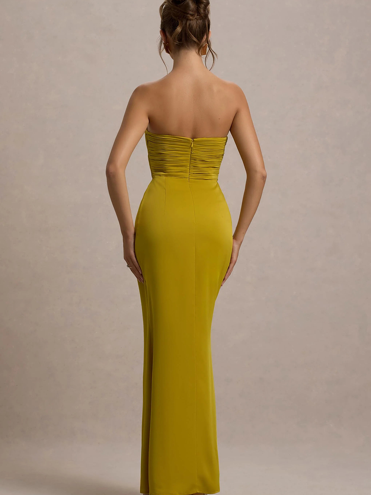 Edel | Mustard Satin Strapless Maxi Dress With Drape 2