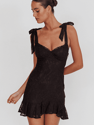 Emine Bow Shoulder Lace Mini Dress Black