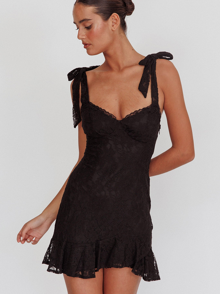 Emine Bow Shoulder Lace Mini Dress Black 1
