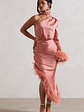 Dolce | Coral Satin Asymmetric One Sleeve Maxi Dress With Feather Trims - thumbnail 4