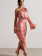 Dolce | Coral Satin Asymmetric One Sleeve Maxi Dress With Feather Trims - thumbnail 5
