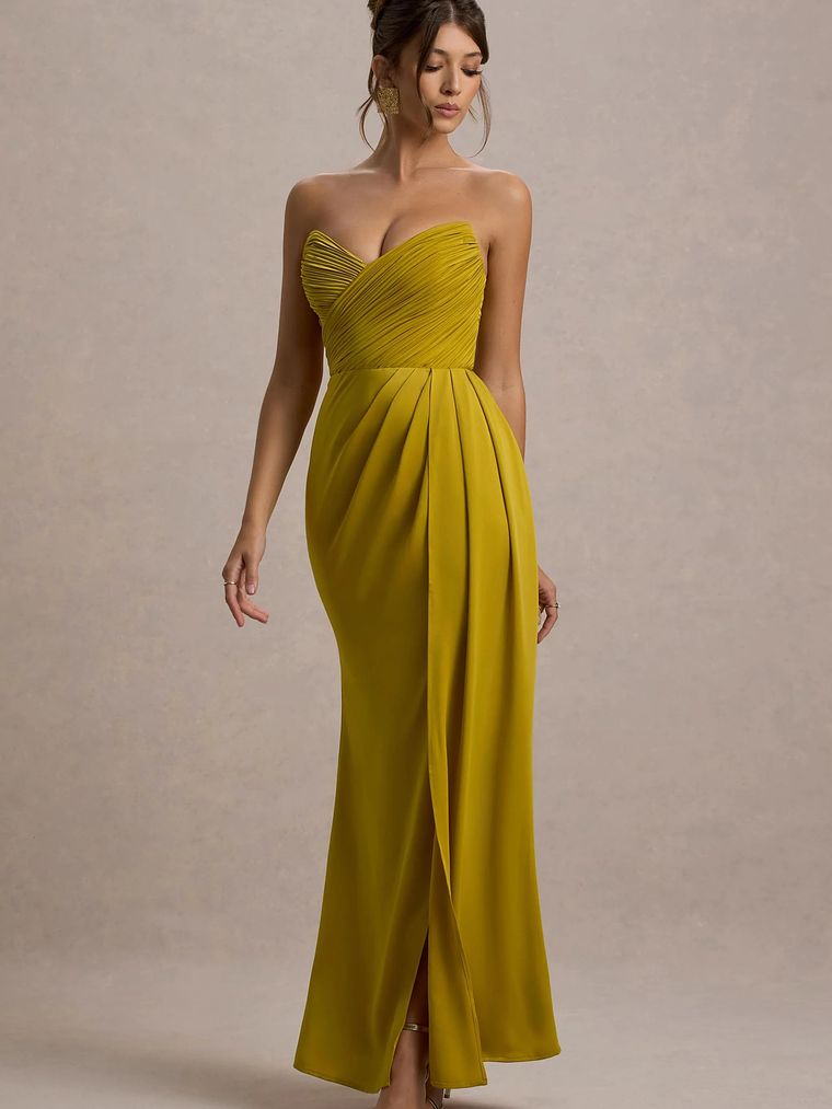 Edel | Mustard Satin Strapless Maxi Dress With Drape 4