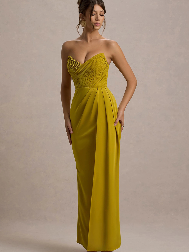 Edel | Mustard Satin Strapless Maxi Dress With Drape 5