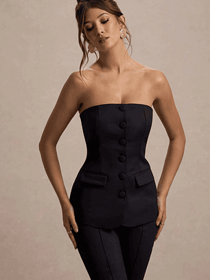 Elliana | Black Strapless Button Front Tailored Top