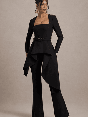 Eminent | Black Square-Neck Flared-Leg Jumpsuit With Draped Waist