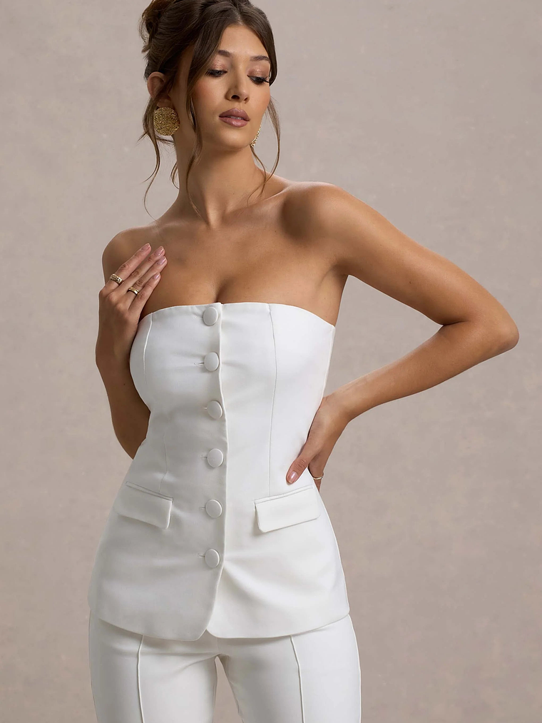 Elliana | White Strapless Button Front Tailored Top 2