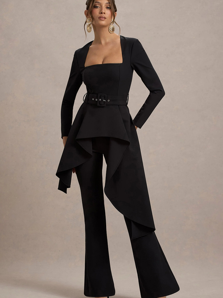 Eminent | Black Square-Neck Flared-Leg Jumpsuit With Draped Waist 5