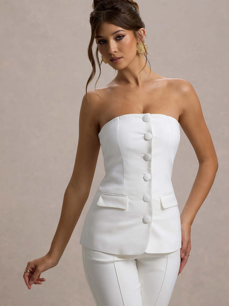 Elliana | White Strapless Button Front Tailored Top 3