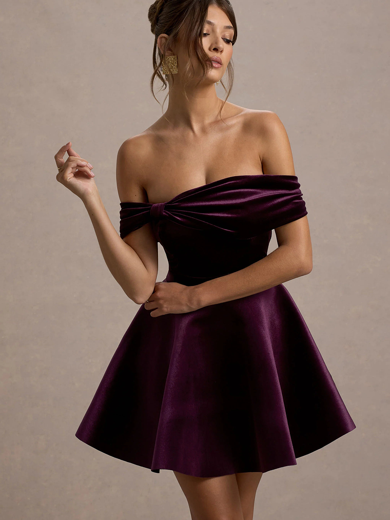 Dede | Port Velvet Bow Bardot Skater Mini Dress 3