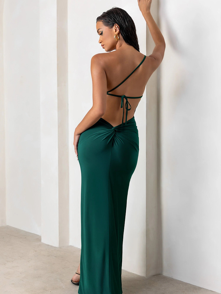 Dressing Up | Bottle Green One Shoulder Maxi Dress With Open Back Detail 1