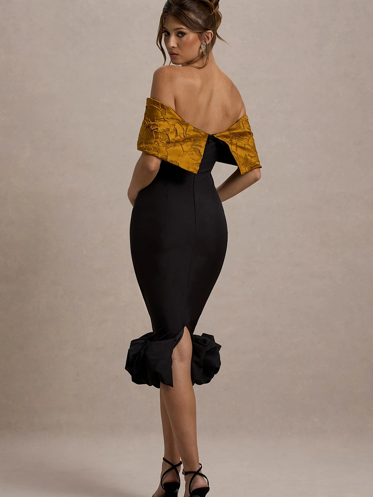 Despina | Black Bardot Midi Dress With Ruffle Hem 2