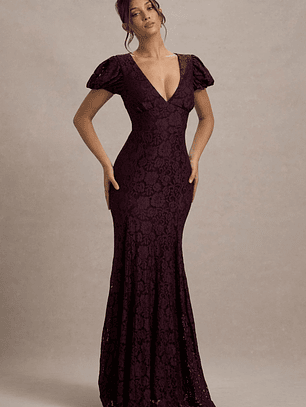 Elestria | Port Lace V-Neck Puff-Sleeve Maxi Dress