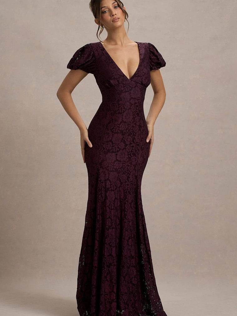 Elestria | Port Lace V-Neck Puff-Sleeve Maxi Dress 1