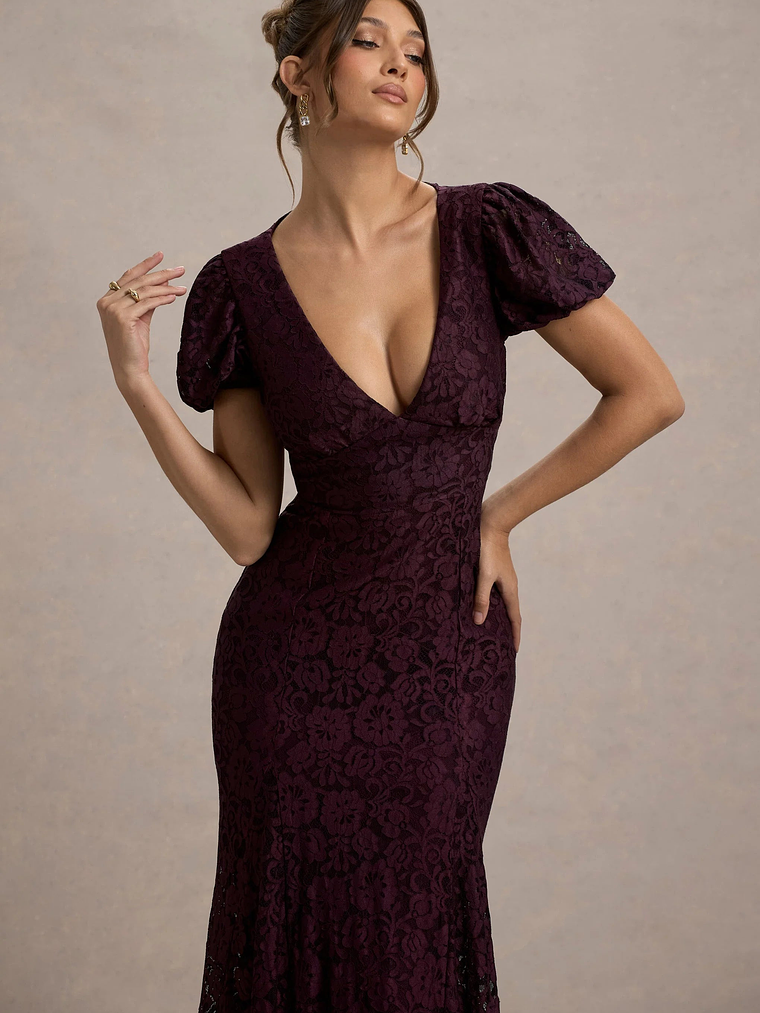 Elestria | Port Lace V-Neck Puff-Sleeve Maxi Dress 3