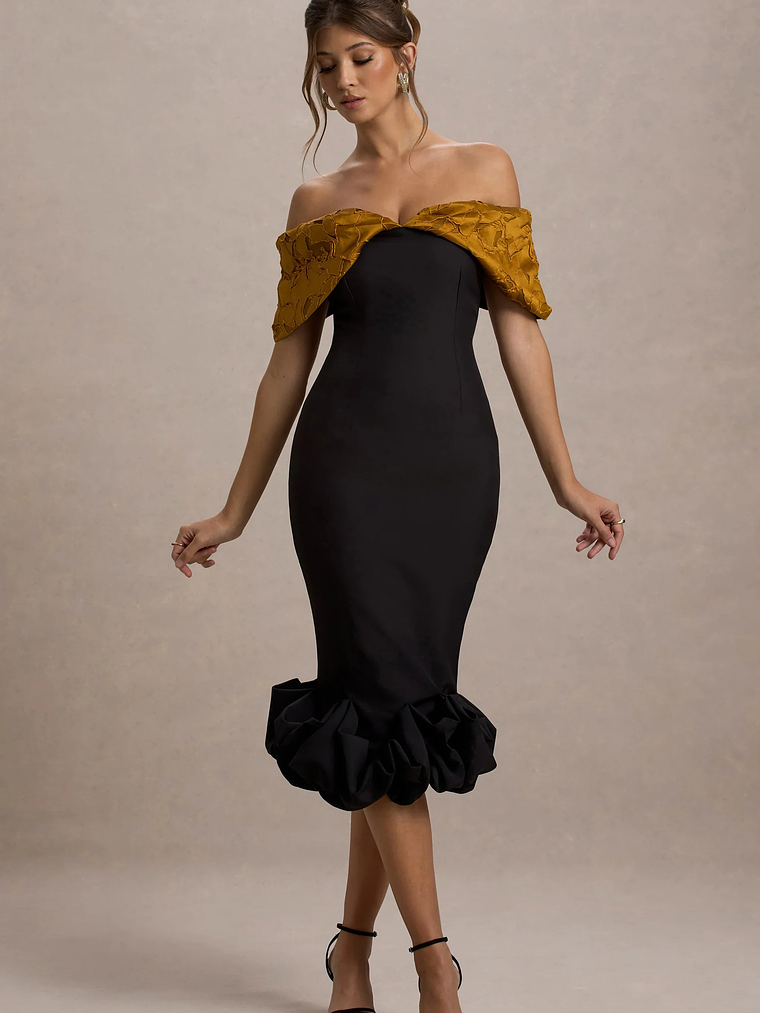 Despina | Black Bardot Midi Dress With Ruffle Hem 6