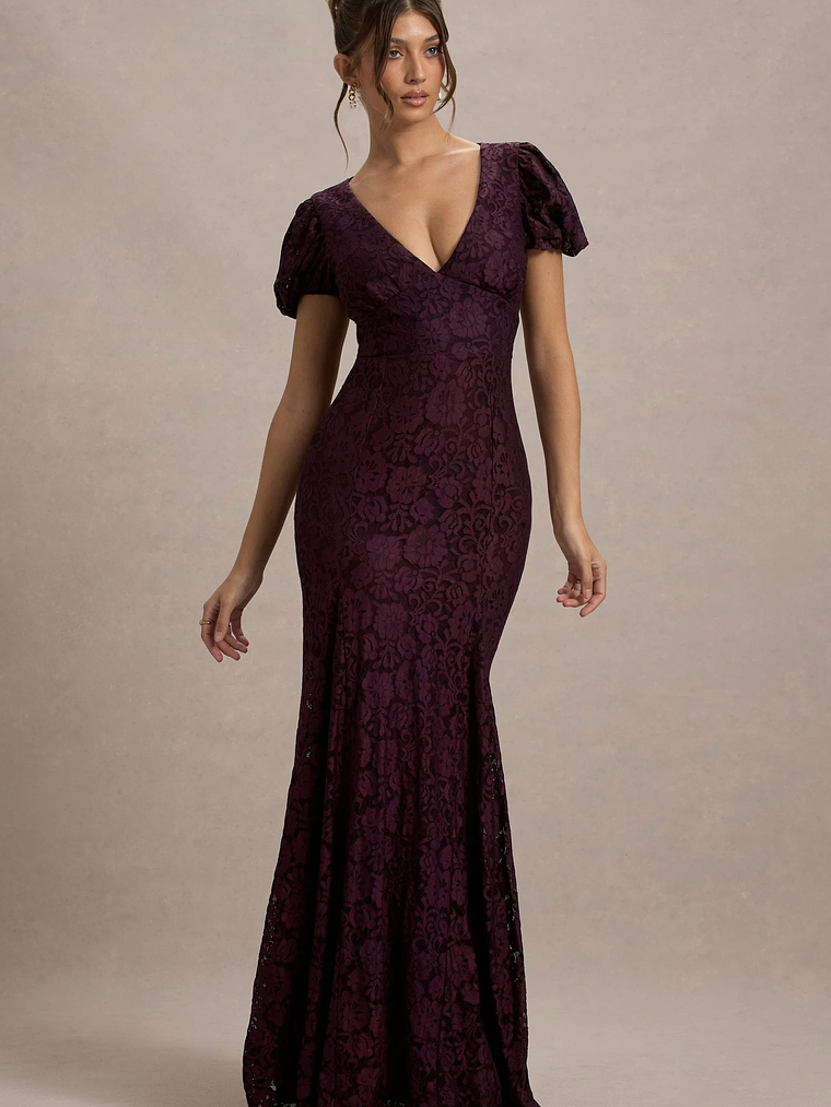 Elestria | Port Lace V-Neck Puff-Sleeve Maxi Dress 4