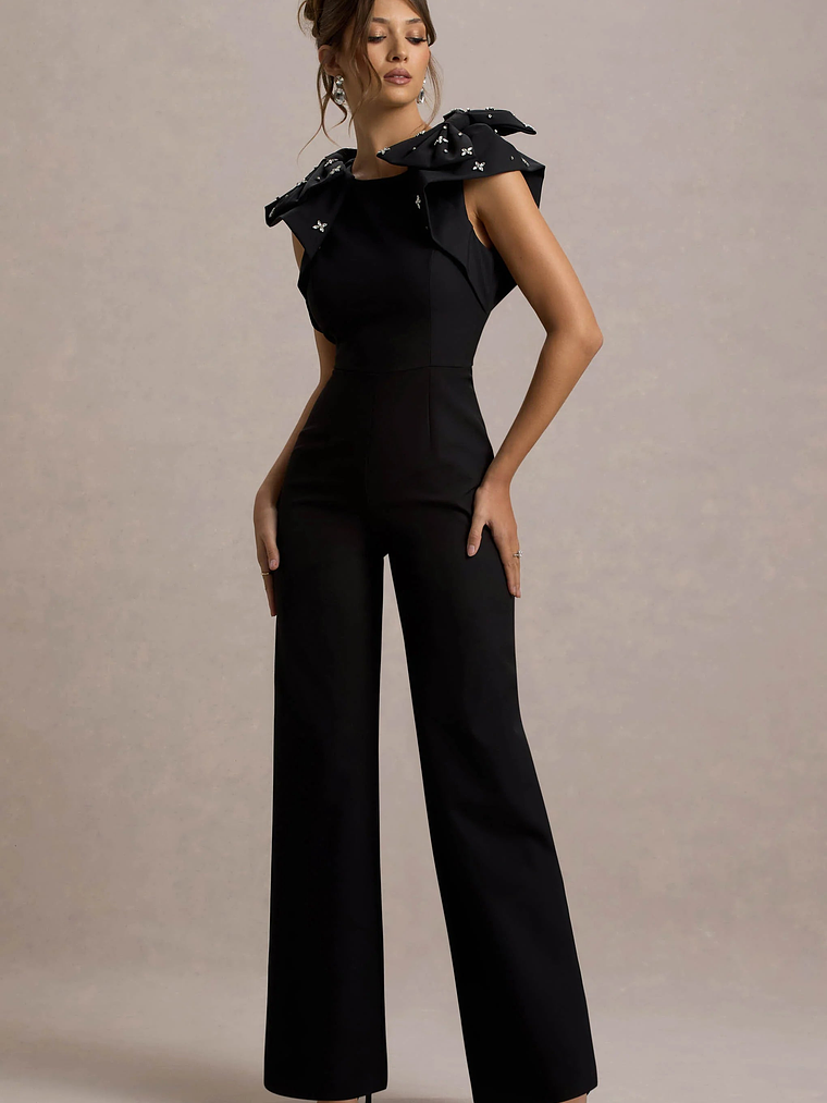 Elma | Black Straight-Leg Jumpsuit With Embellished Bows 1