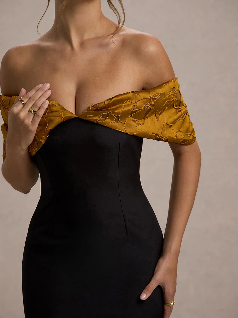 Despina | Black Bardot Midi Dress With Ruffle Hem 7