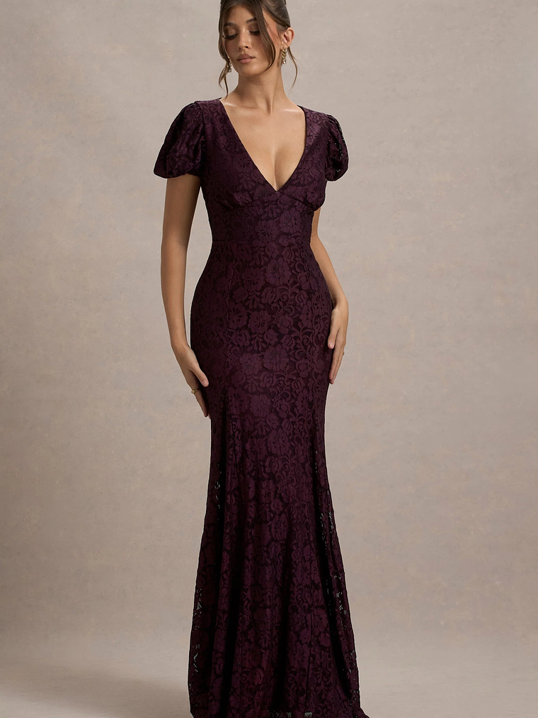 Elestria | Port Lace V-Neck Puff-Sleeve Maxi Dress 5