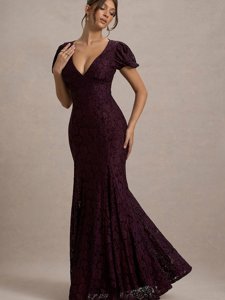 Elestria | Port Lace V-Neck Puff-Sleeve Maxi Dress 7