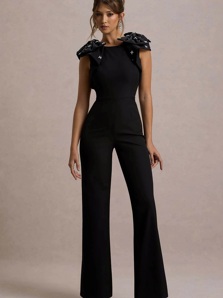 Elma | Black Straight-Leg Jumpsuit With Embellished Bows 5