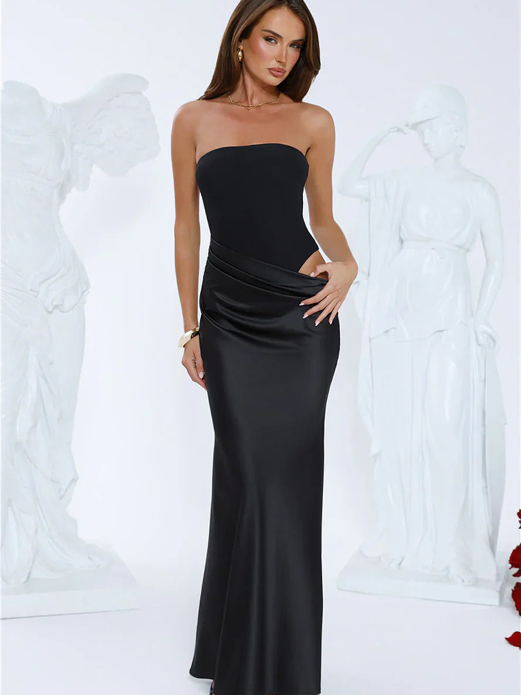 Elevated Simplicity Strapless Satin Maxi Dress Black 4