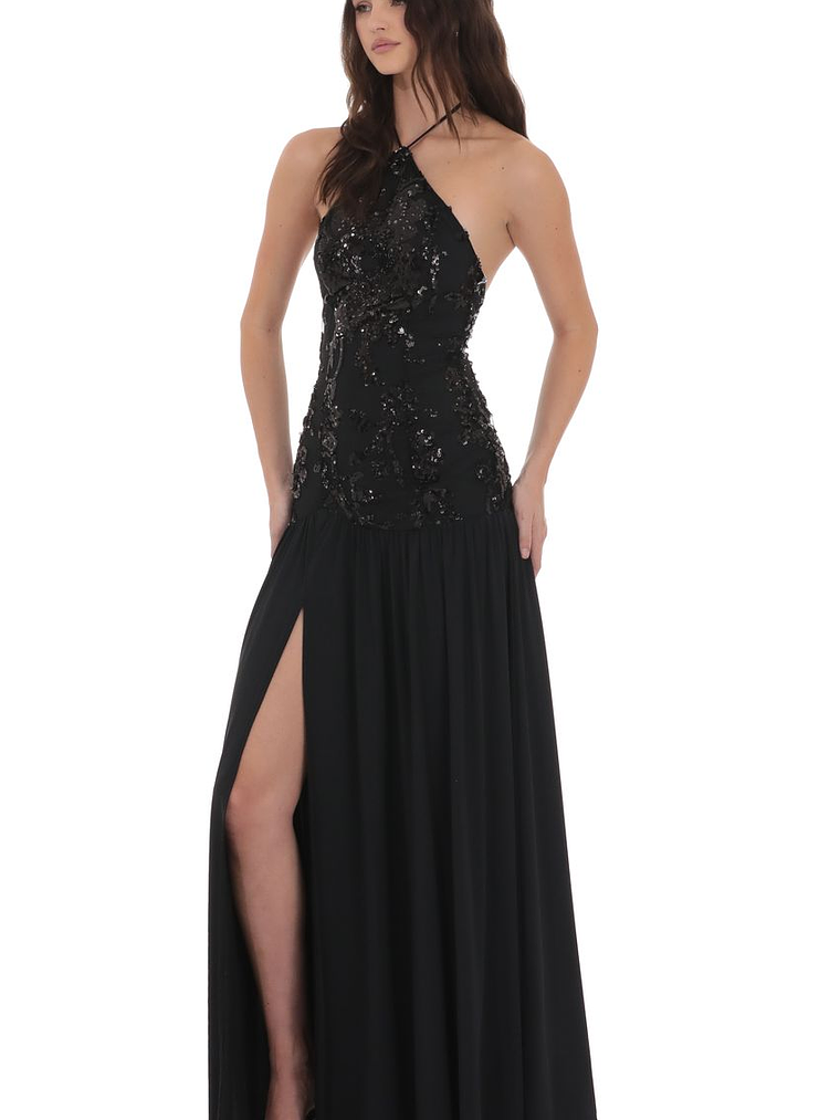 Drop Waist Sequin Maxi Dress in Black 3