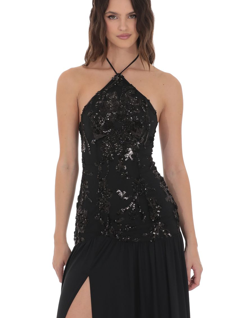 Drop Waist Sequin Maxi Dress in Black 4