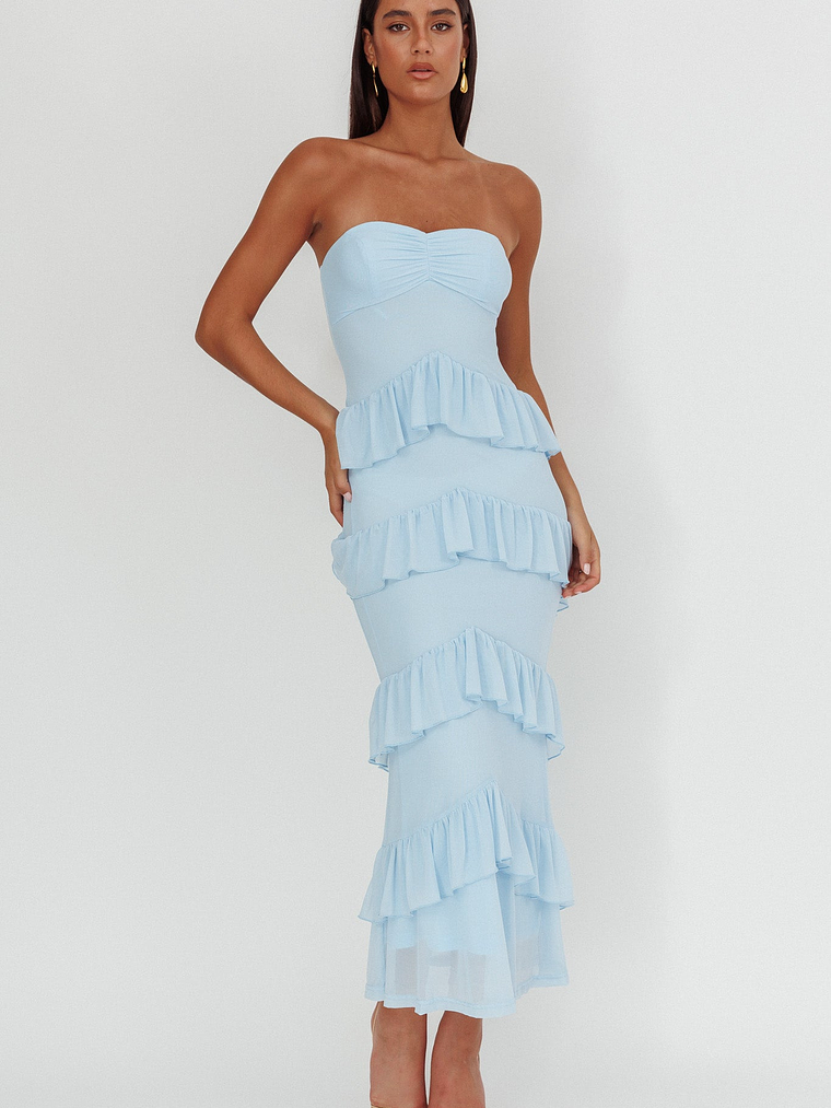 Dulce Dreams Sweetheart Neckline Frill Maxi Dress Blue 1