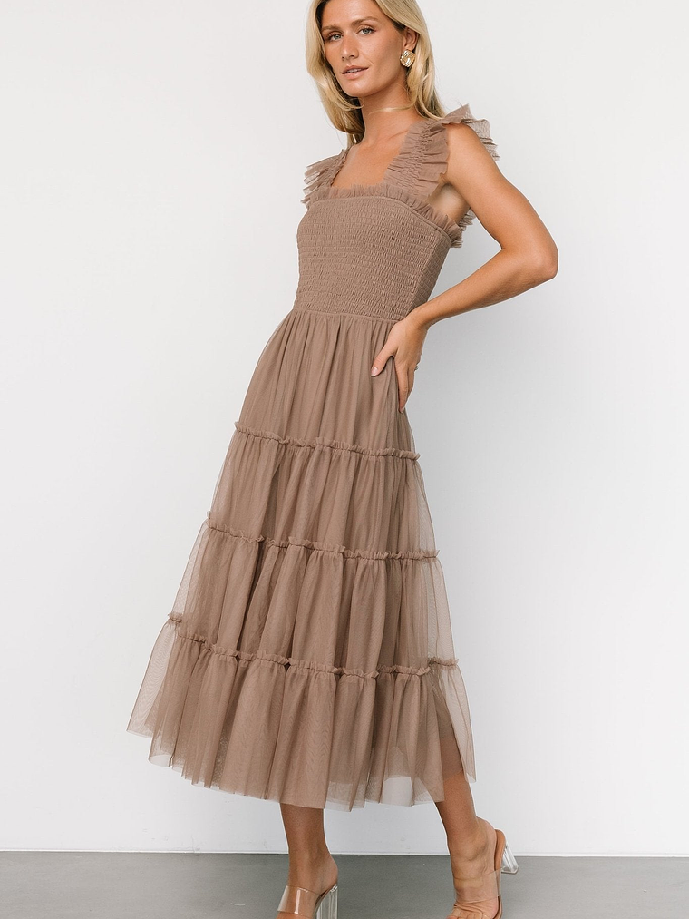 Emma Smocked Tulle Dress | Taupe 1