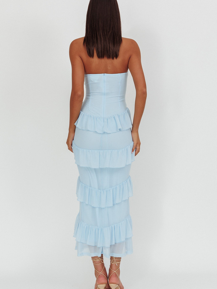 Dulce Dreams Sweetheart Neckline Frill Maxi Dress Blue 2