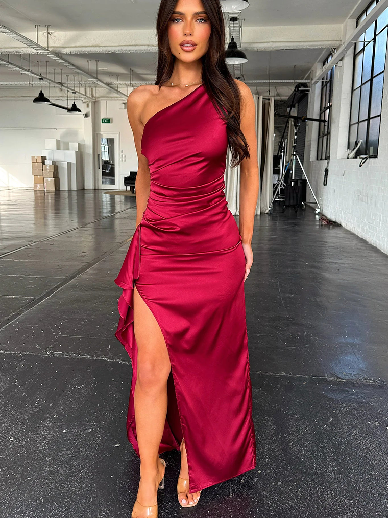 Elianna One Shoulder Satin Maxi Dress - Burgundy 1