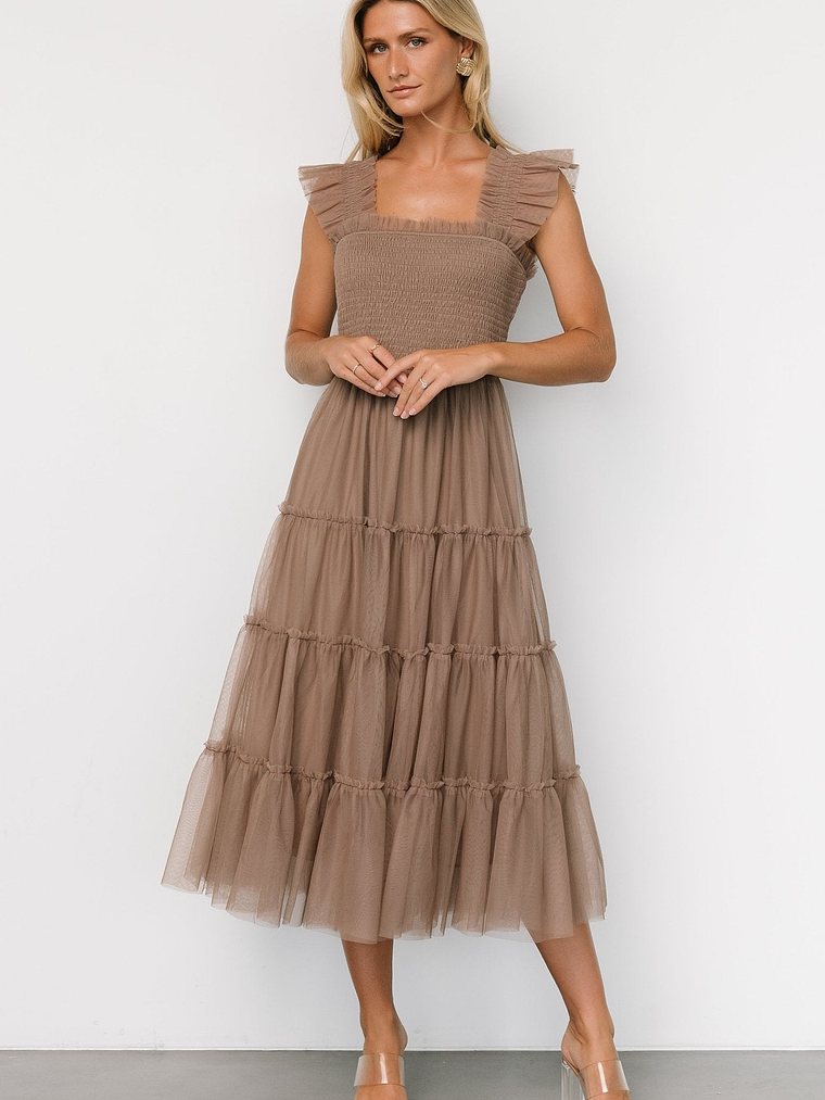 Emma Smocked Tulle Dress | Taupe 4