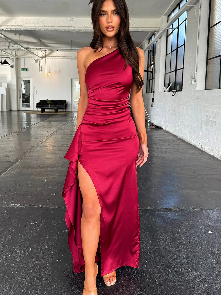 Elianna One Shoulder Satin Maxi Dress - Burgundy 3